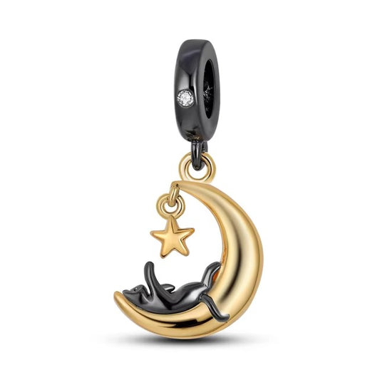 925 Black & Gold Sleepy Cat Charm