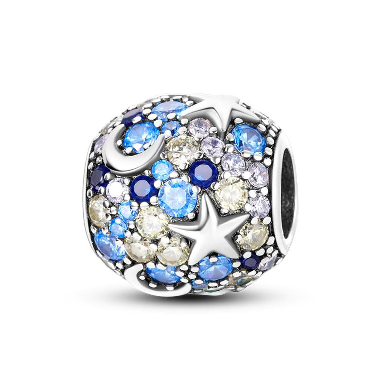 Moon Stars Blue Diamante Round Charm