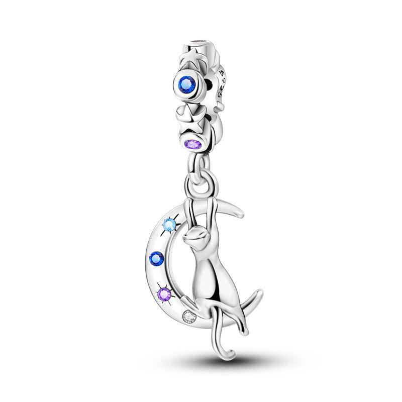 Cat On Moon Colourful Diamante Pendant Charm