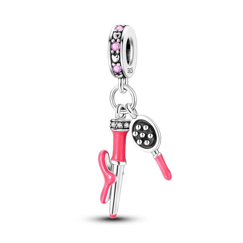 Hair Curler & Brush Pink Diamante Pendants Charm