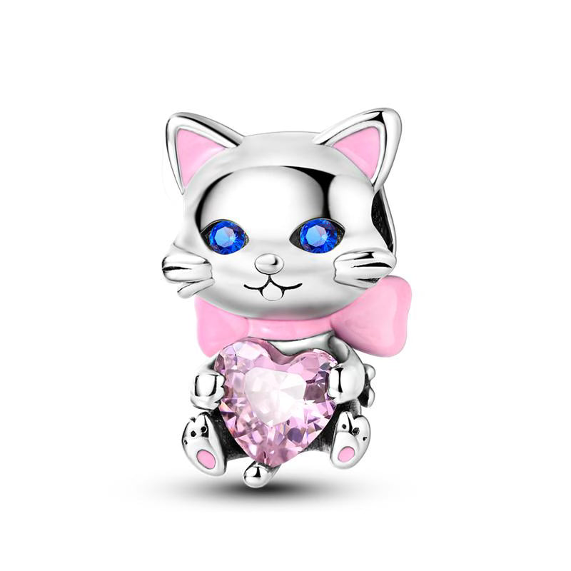 Pink Kitten Love Heart Diamante Charm