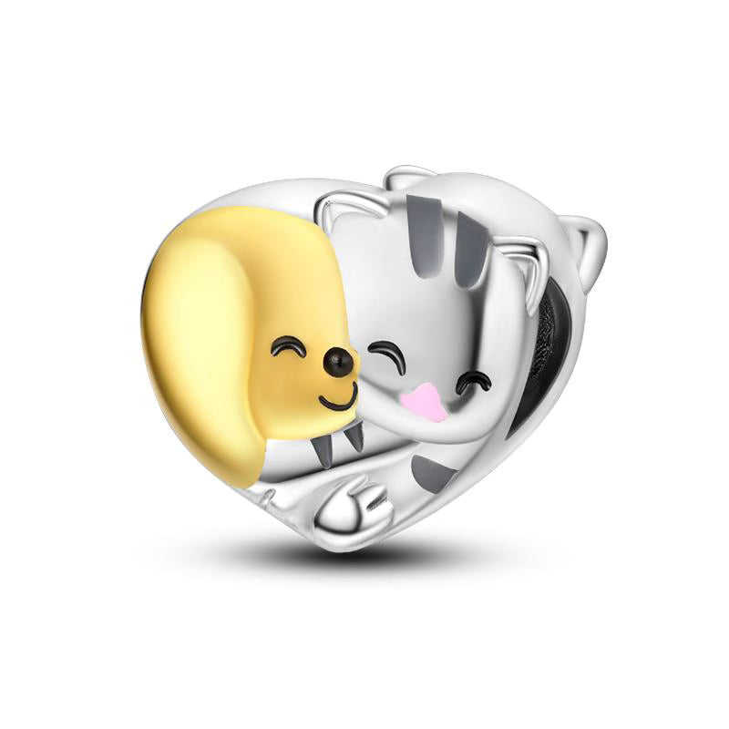 Cat & Dog Hug Embrace Love Heart Charm