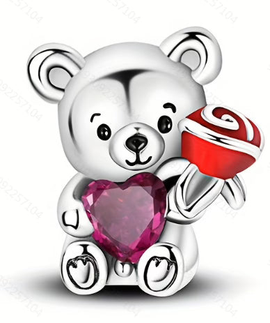 Red Rose Purple Love Heart Bear Charm