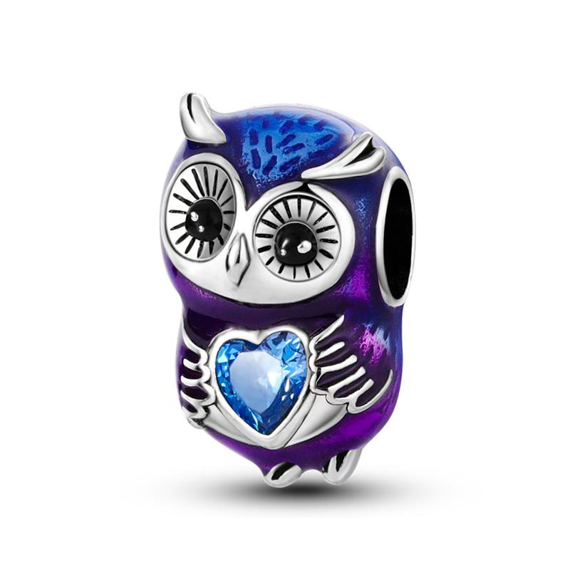 Purple & Blue Diamante Love Heart Owl Charm