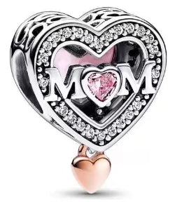 Pink Diamante Love Heart Mom Charm