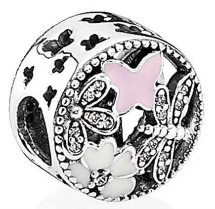 Butterfly Pink & Diamante Round Charm