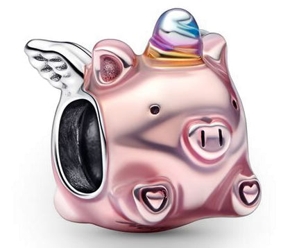 Rose Gold Winged Pig Round Charm