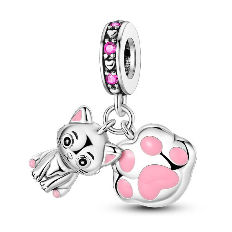 Pink Cat & Paw Diamante Pendants Charm