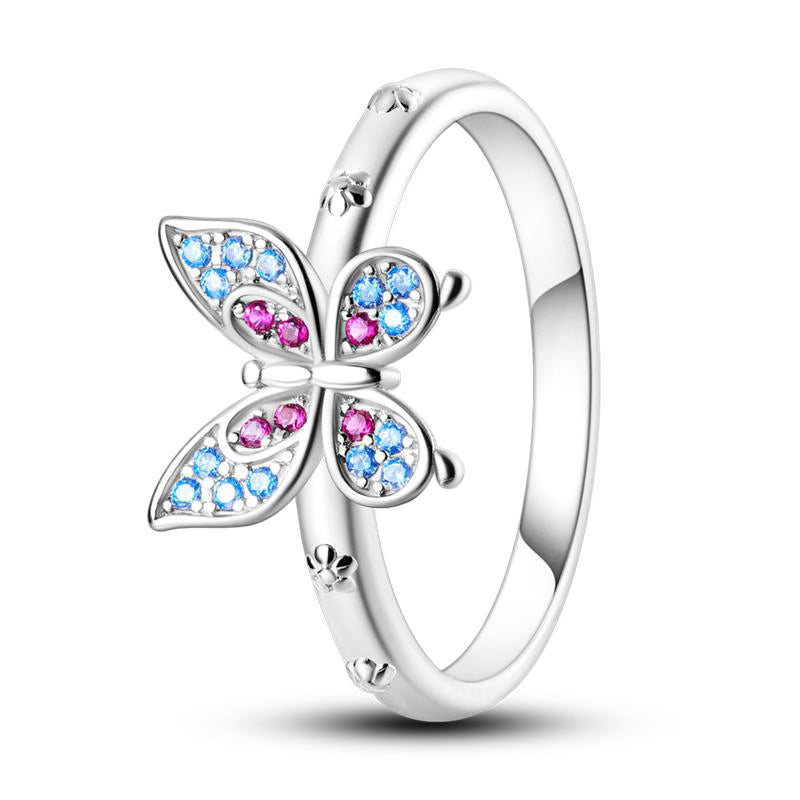 Blue Butterfly Floral Diamante Ring