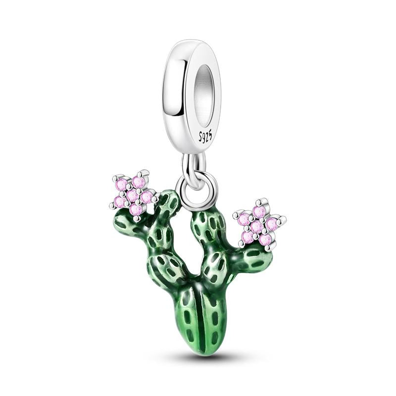 Cactus & Pink Flower Pendant Charm
