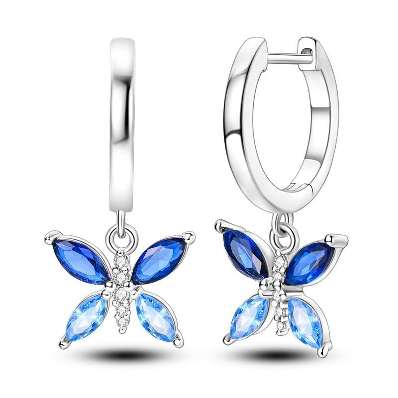 Two Blue Diamante Butterfly Pendant Earrings