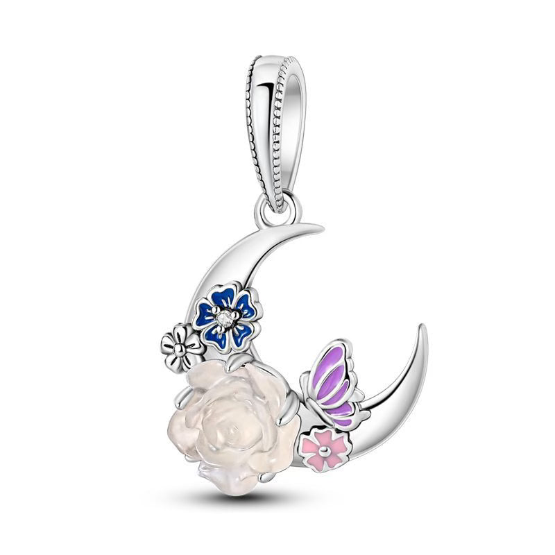 White Rose Moon Pendant Charm