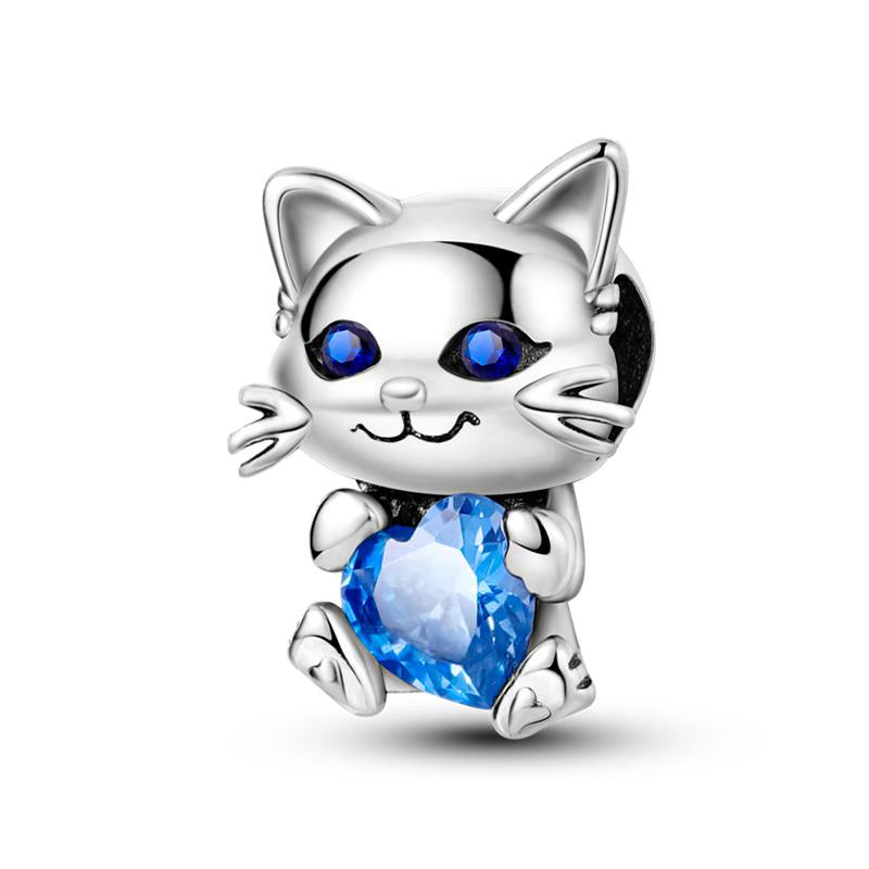 Blue Diamante Love Heart Cat Charm