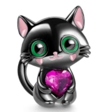Green-Eyed Cat Pink Love Heart Charm