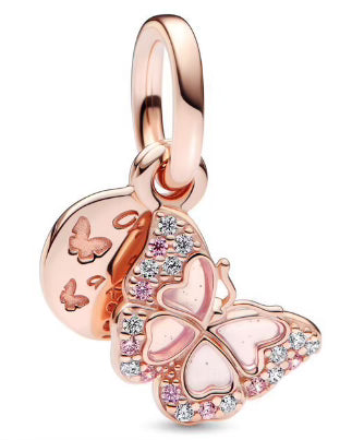 Rose Gold Diamante Butterflies Pendant Charm