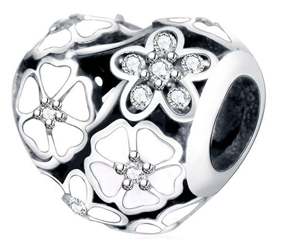 White & Diamante Flowers Love Heart Charm