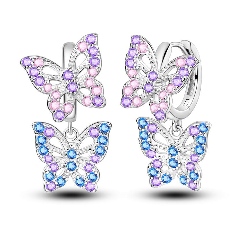 Purple & Blue Butterfly Diamante Pendant Earrings