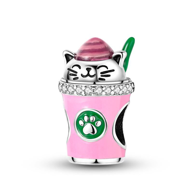Pink Coffee Cup Cat Charm