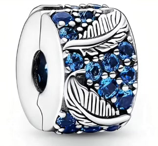 Deep Blue Diamante Leaves Round Charm