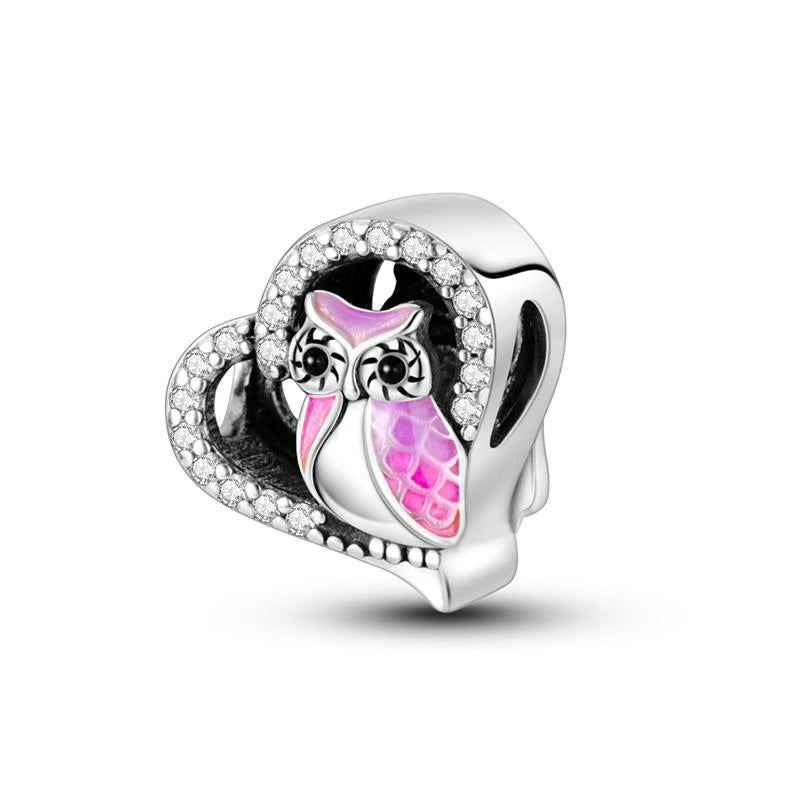 Pink Owl Diamante Love Heart Charm