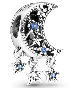 Moon & Blue Diamante Stars Pendant Charm