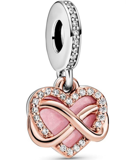 Rose Gold Diamante Love Heart Infinity Pendant Charm