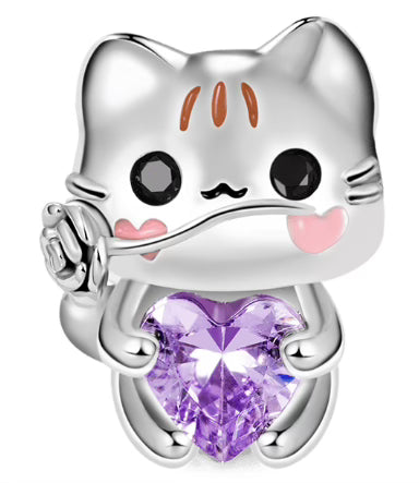 Cute Kitty Purple Love Heart Diamante Charm